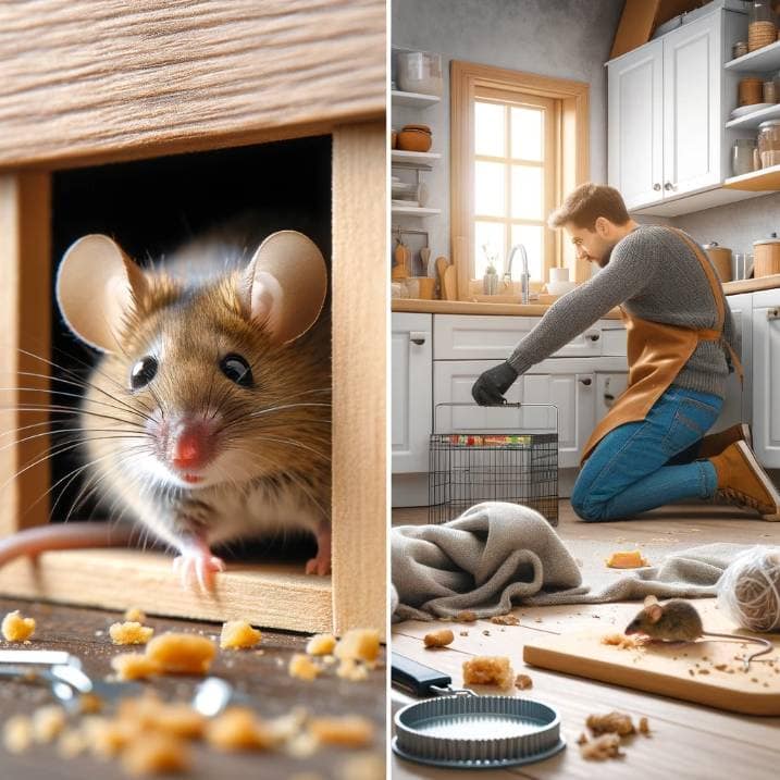 A house mouse infiltrating a home, signs of an infestation in a cluttered room, and the use of a snap trap for mouse control