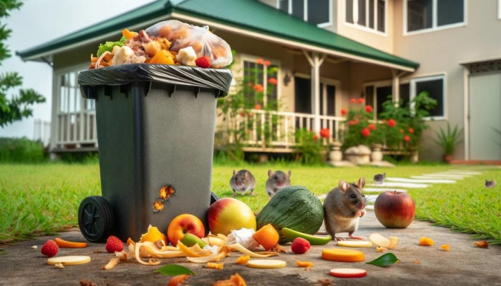 Outdoor Scene near a House: This image portrays an overflowing trash bin with food scraps, emphasizing the importance of proper trash disposal to avoid attracting mice.