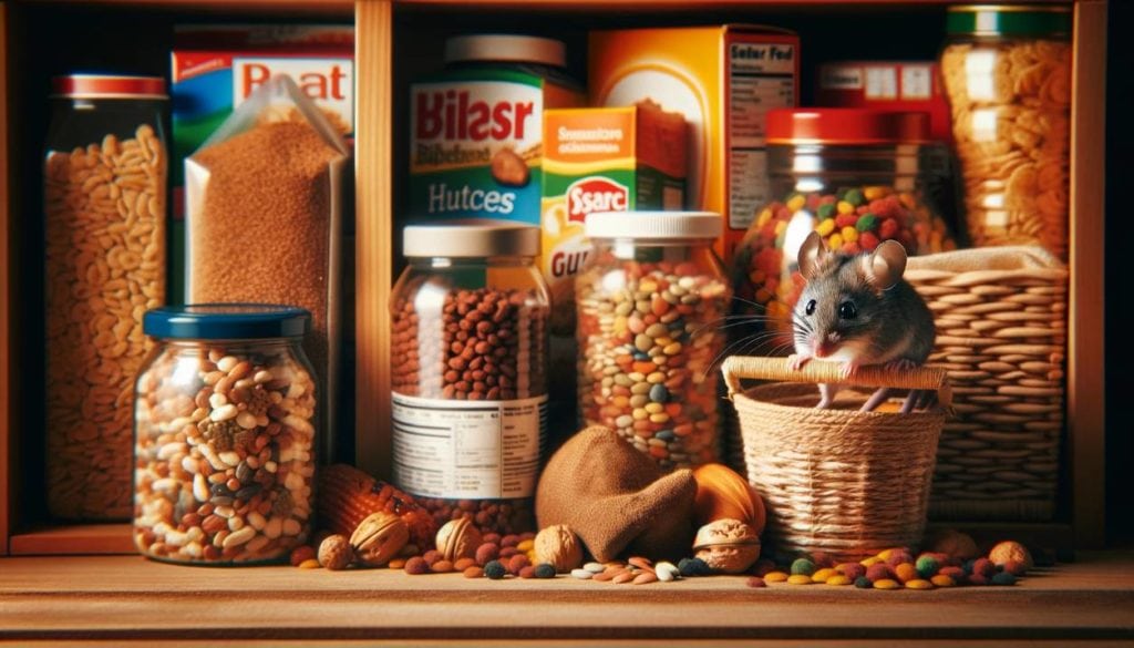 Pantry Shelf: This one illustrates a pantry shelf overflowing with items such as nuts, seeds, pet food, and cereal, along with subtle signs of mice activity.

