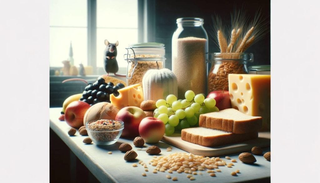 Kitchen Scene: This image shows various foods like cheese, bread, fruits, and grains on a countertop, hinting at the presence of mice through subtle details.