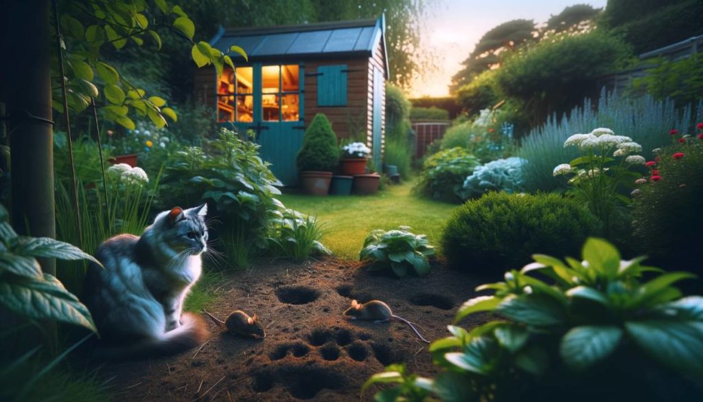 Garden Guardian: This serene garden scene at dusk features a cat sitting near a shed, subtly controlling the mouse population in outdoor environments like gardens and yards.