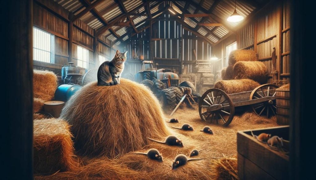 Barn Vigilance: In this scene, a cat is perched on a haystack in a barn, vigilantly scanning the area, demonstrating their role in controlling mice in farm settings.