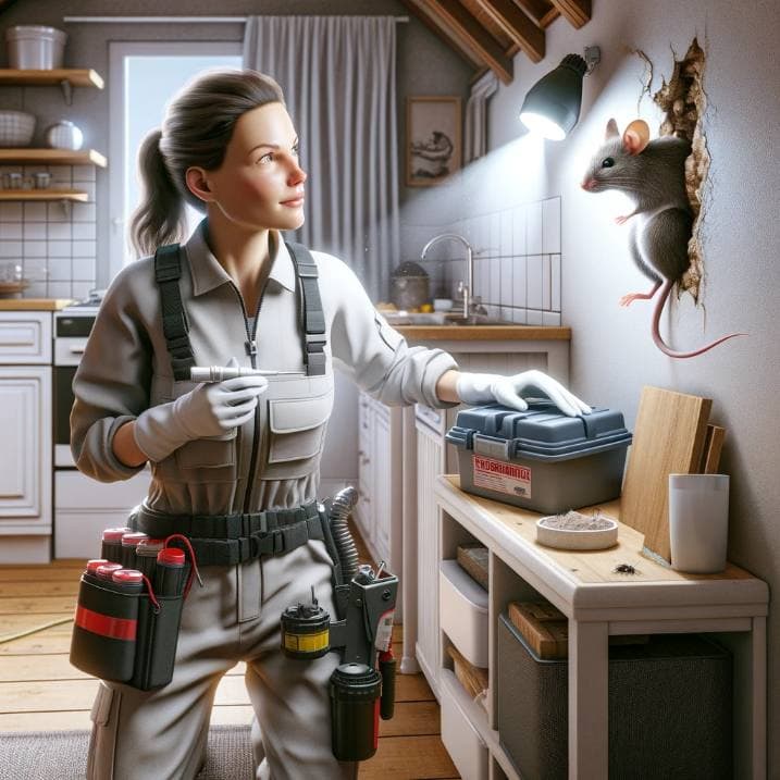A professional exterminator inspecting and treating a home for mouse infestation, highlighting the expertise of professional pest control services. - How to Keep Mice Away from Your Home