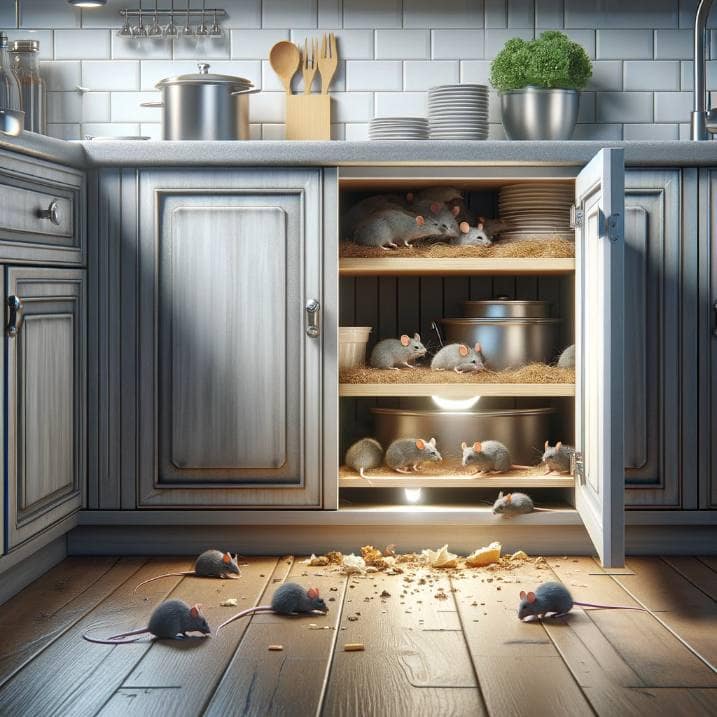 This  image depicts a mouse nest beneath kitchen cabinets, showing the nuisance and potential health risks of mice.