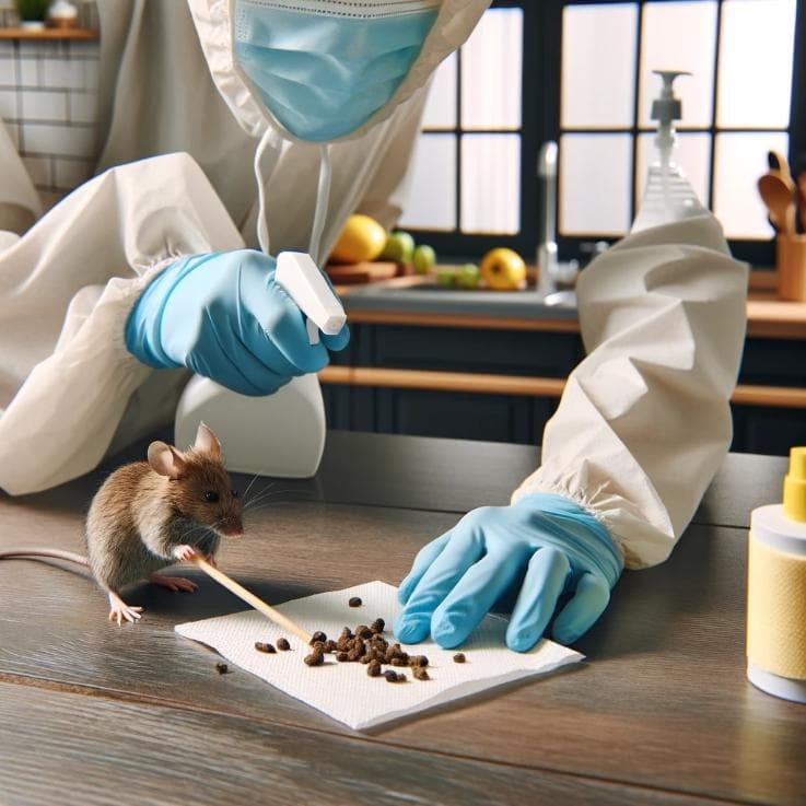 An image showing a person wearing protective gloves and a face mask, carefully picking up mice droppings with a paper towel from a kitchen counter. The background includes common kitchen items and a disinfectant spray bottle.