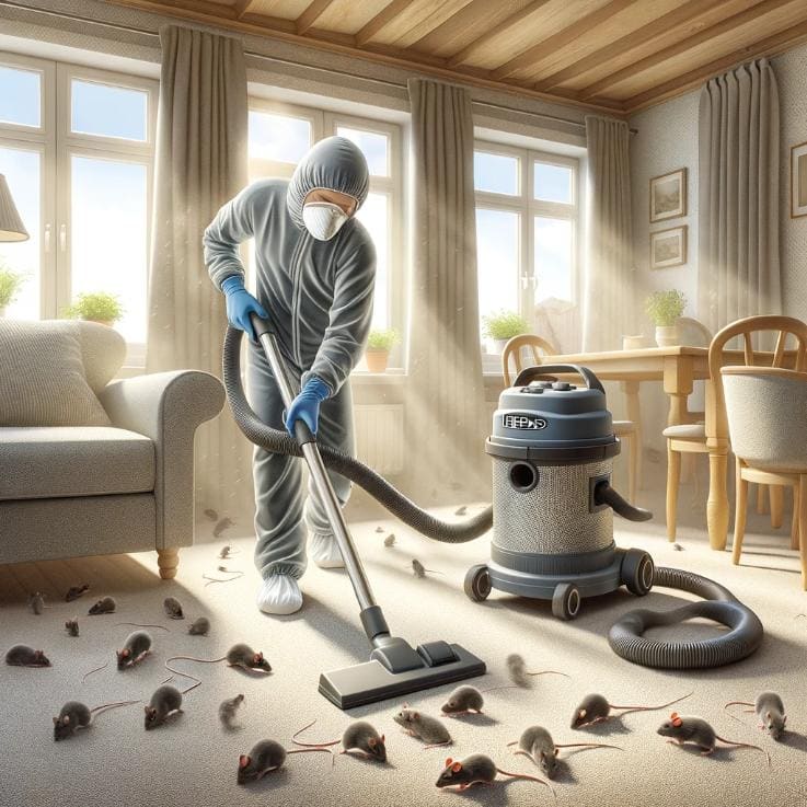 An image depicting a well-ventilated room with open windows, where a person is using a HEPA-filter vacuum cleaner to remove mice droppings from a carpet. The person is wearing a protective mask and gloves, emphasizing safety. - How to Remove Mice Droppings Safely