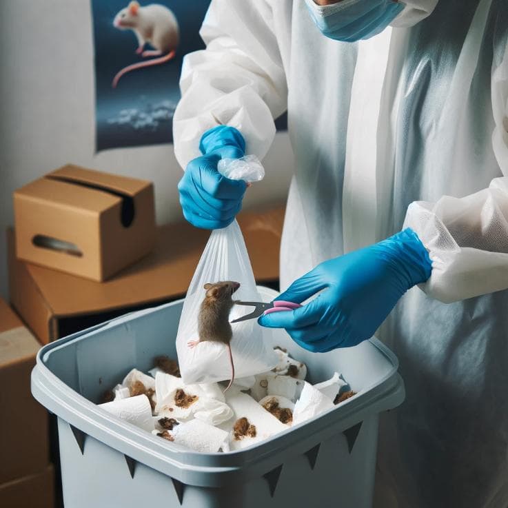 An image showing the proper disposal of mice droppings. A person, wearing protective gear including gloves and a mask, is sealing a plastic bag containing contaminated materials like paper towels used for cleaning. A trash bin is in the background.