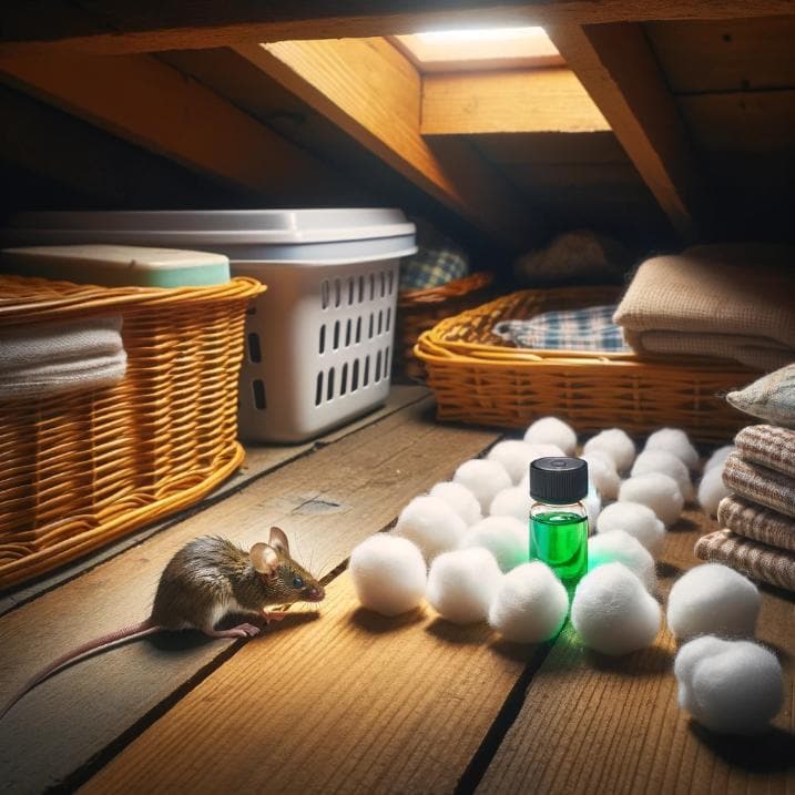 A series of peppermint oil-soaked cotton balls placed strategically in an attic space, with a mouse hesitantly approaching and then deciding to leave. The attic is dimly lit and cluttered, showing typical storage items.