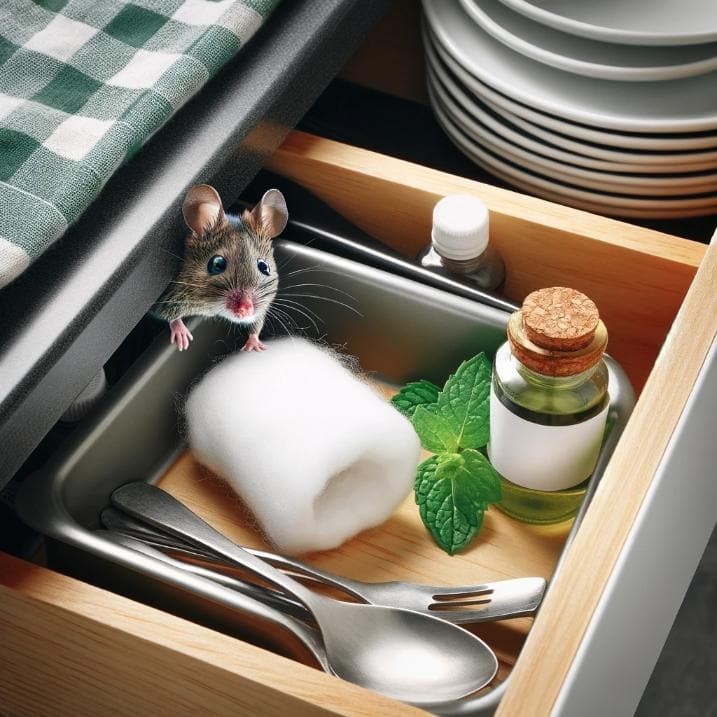 A cotton ball soaked in peppermint oil placed in a kitchen drawer, with a mouse peeking in and then retreating, showing the repellent effect. The drawer is slightly open, revealing utensils and kitchen items.