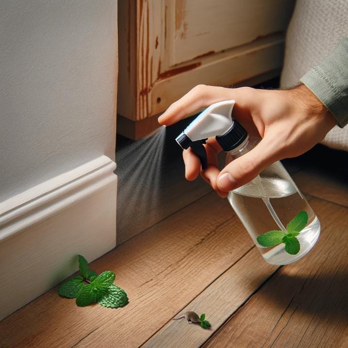 A DIY peppermint oil spray bottle being used to spray around the baseboards of a room. The image shows a person's hand holding the spray bottle, with droplets of the peppermint solution visible in the air, creating a barrier against mice.