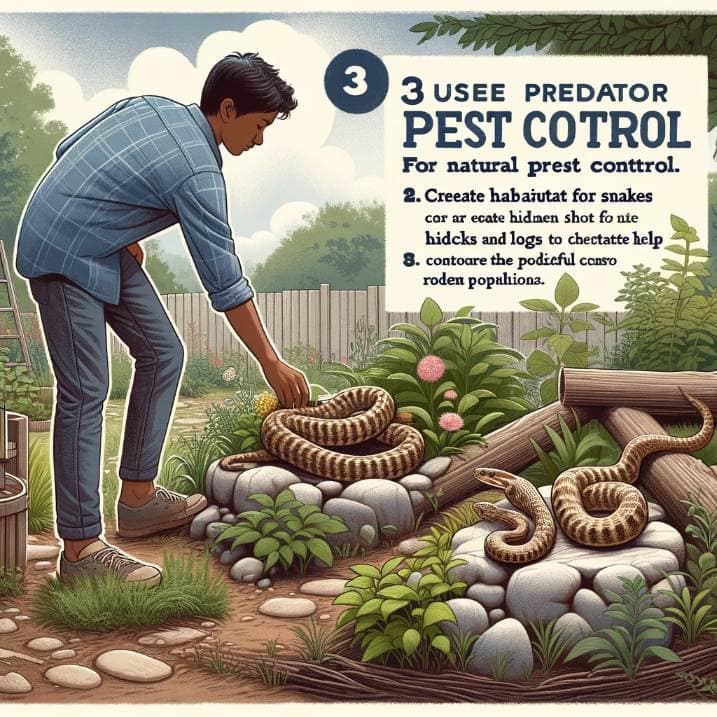 Creating a habitat for beneficial snakes to control rodent populations, depicted by a person of South Asian descent arranging rocks and logs in a rustic garden setting.