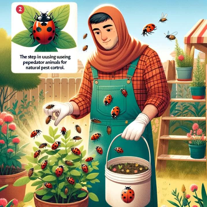  Introducing ladybugs into a garden to naturally control aphids, as shown by a person of Middle-Eastern descent in farming clothes releasing ladybugs onto plant leaves.