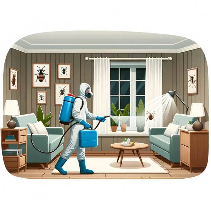 How to Identify Pests in Your Home - Applying natural pest repellents in a living room, illustrated by a person of Black descent in protective gear, carefully spraying repellent around windows, doorways, and corners.