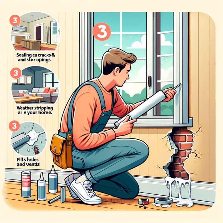 Tips for Keeping Your Home Pest-Free - Sealing cracks and openings around the house to prevent pest entry, depicted by a person of Hispanic descent meticulously using caulk and weather stripping on windows, doors, and small holes in walls.