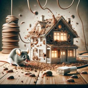 Home Infested with Mice: This image shows a home infested with mice, highlighting visible signs of contamination like droppings and chewed wires, and the unhealthy environment created by such infestations.