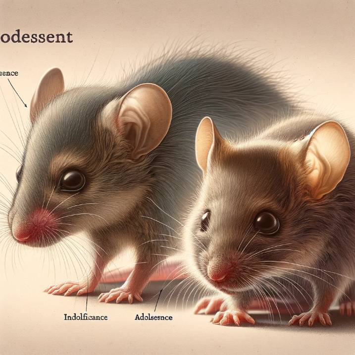 Adolescent Stage: The second image showcases the adolescent stage of a mouse's life cycle, featuring slightly larger mice with developing fur and beginning to open eyes, capturing the transition from infancy to adolescence.
