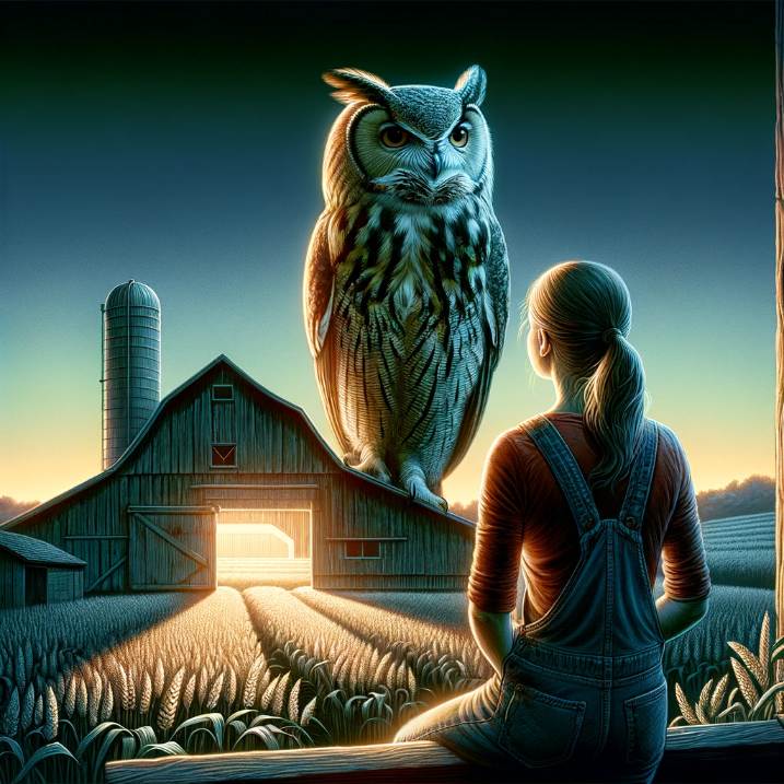 Owl on Barn at Twilight: This serene illustration showcases an owl perched on a barn, vigilantly watching for rodents in the surrounding farmland. The owl's intense gaze and the mystical ambiance of the twilight scene emphasize its role as a natural predator in an agricultural setting.