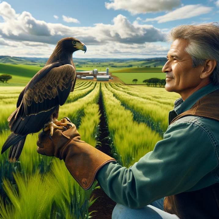 Eagle and Farmer: This image shows a majestic eagle perched on a farmer's gloved hand, scanning a farm field for rodents. The eagle's sharp focus and readiness to fly, along with the proud farmer, highlight the synergy between humans and birds of prey in agriculture.