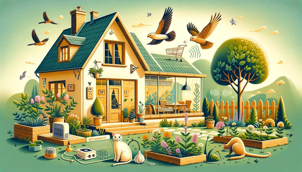 This image illustrates the concept of eco-friendly mouse proofing techniques for a home. It visually represents a cozy, well-kept home with eco-friendly elements such as a cat, birds of prey, sealed windows, ultrasonic devices, and plants like peppermint and garlic, all contributing to a safe and environmentally conscious living space.