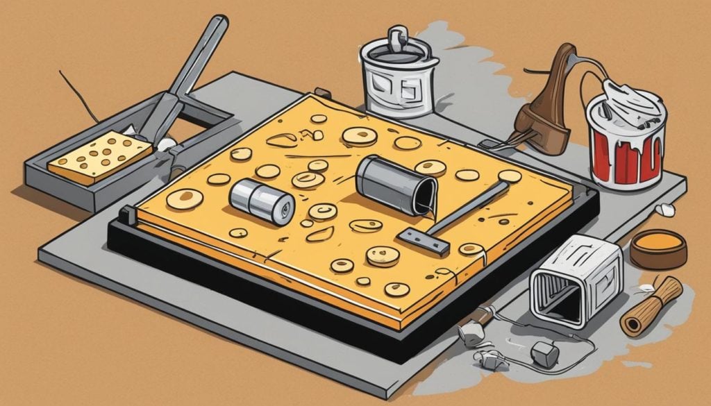 Illustrated apartment setup with a mouse trap and food cues