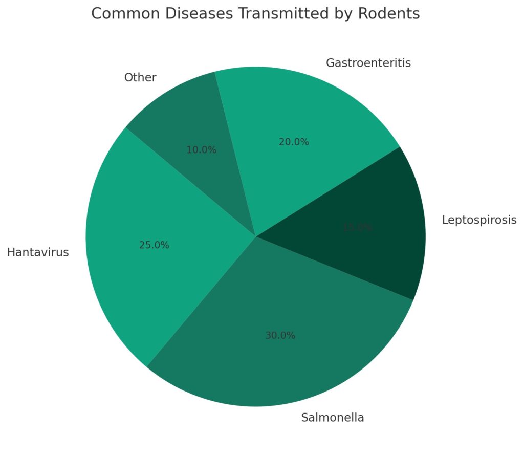 The pie chart above illustrates the distribution of common diseases transmitted by rodents, such as Hantavirus, Salmonella, and Leptospirosis, among others. This visual representation helps in understanding the relative prevalence of each disease in the context of rodent infestations.