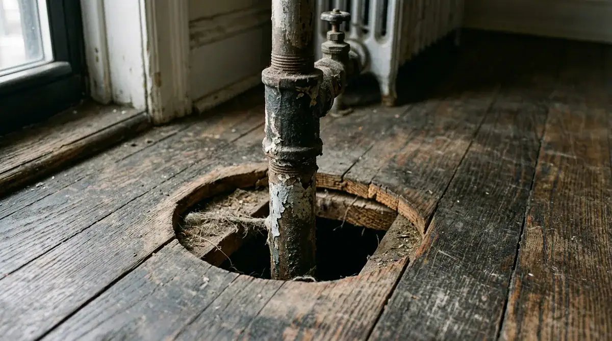 Radiator steam pipe penetration through apartment floorboards showing gap where mice travel between units