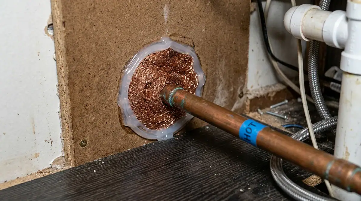 Under-sink pipe gap tightly stuffed with non-rusting copper mesh and sealed with silicone caulk