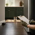 Safe mouse-removal inspection in a clean kitchen, showing a protected trap along a baseboard and a homeowner documenting the route.