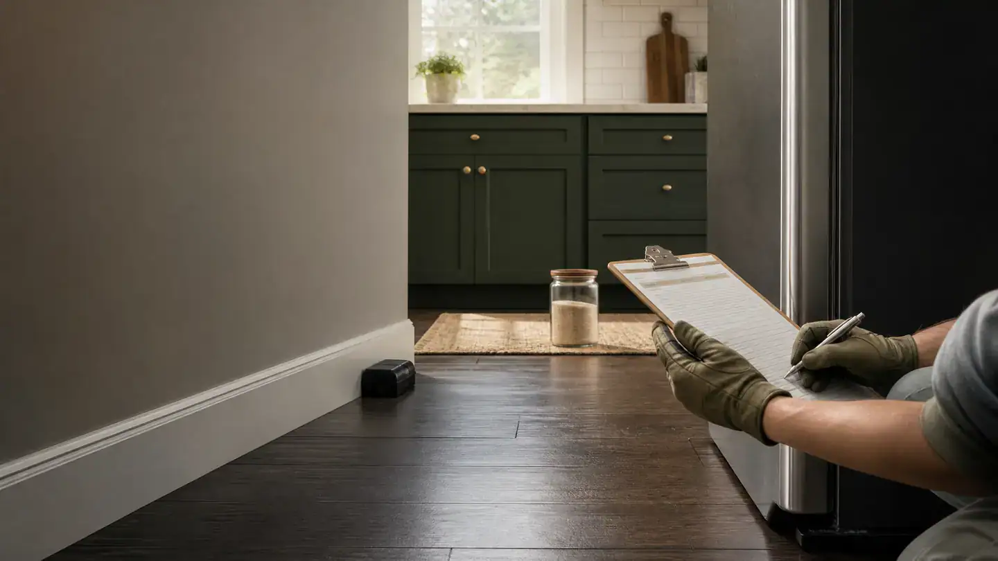 Safe mouse-removal inspection in a clean kitchen, showing a protected trap along a baseboard and a homeowner documenting the route.