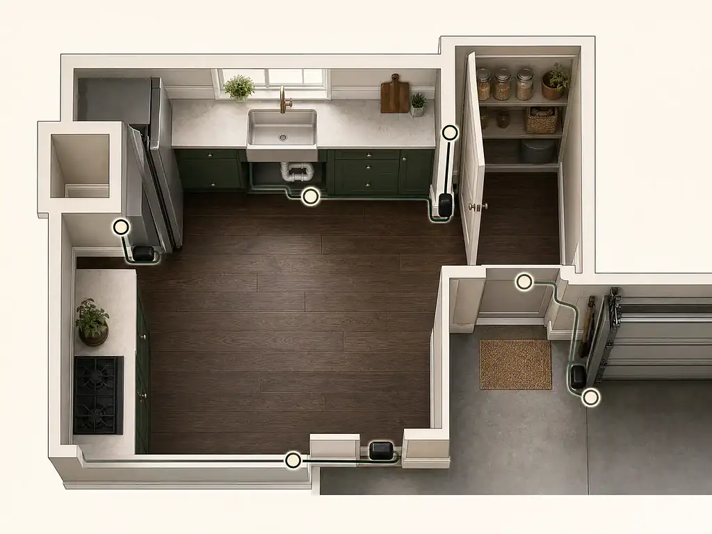 Overhead educational placement map showing protected trap stations along kitchen, pantry, plumbing, and garage travel edges.