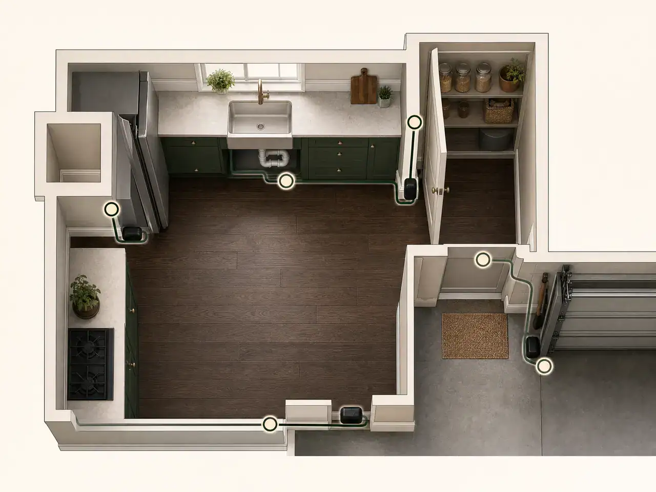 Overhead educational placement map showing protected trap stations along kitchen, pantry, plumbing, and garage travel edges.
