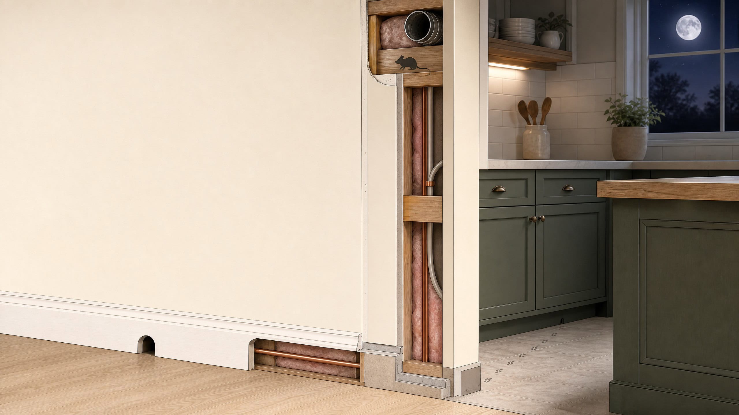 Cutaway illustration of a possible mouse route in a residential wall beside a kitchen at night.