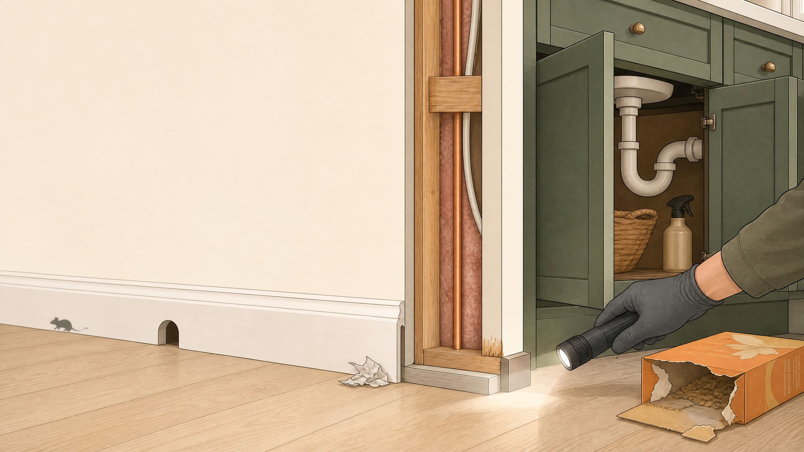 Inspector shining flashlight along pantry baseboard examining mouse droppings, grease rub marks, and gnaw marks