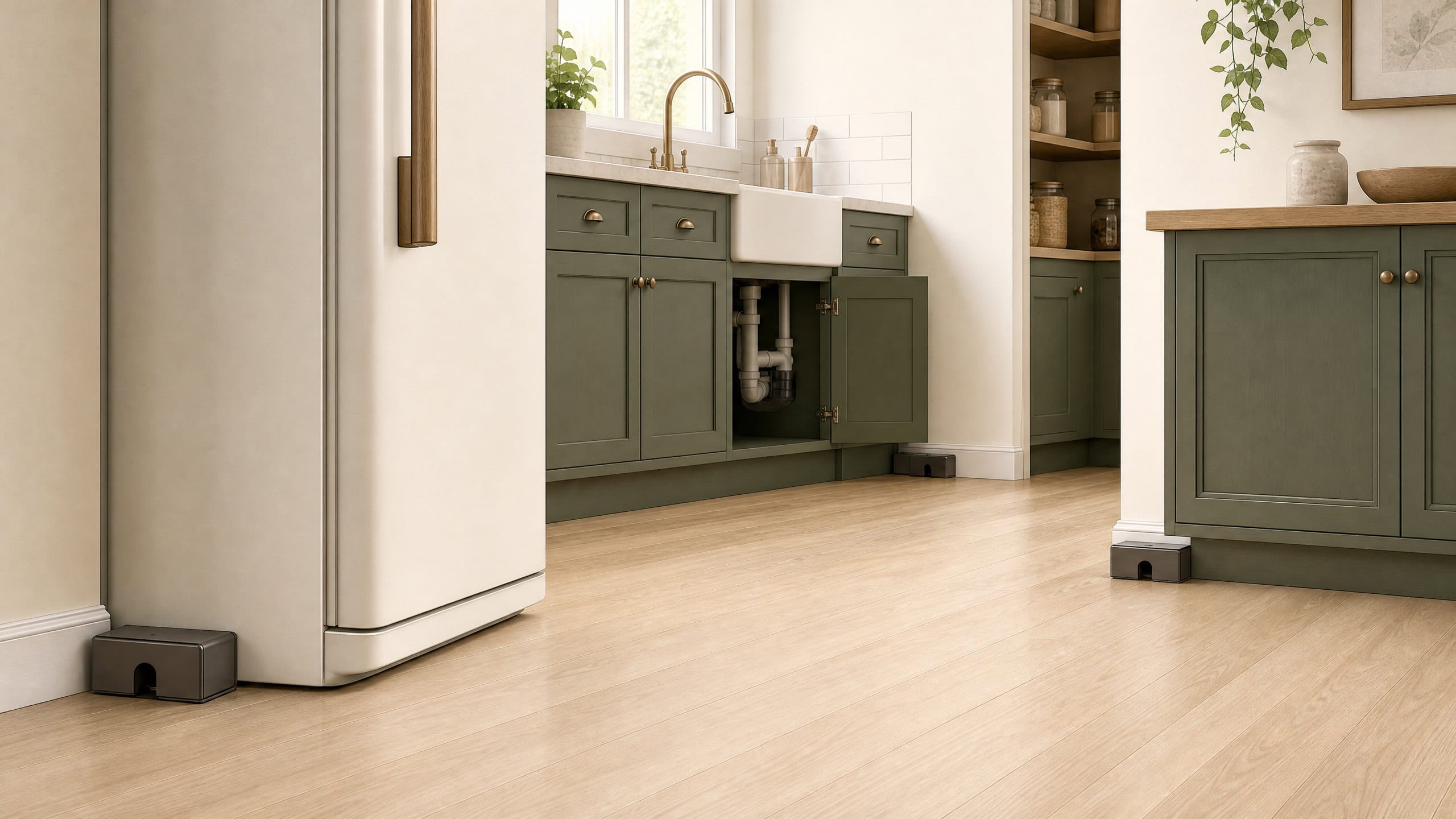Illustration of protected mouse trap stations placed at safe wall-edge locations in a kitchen.