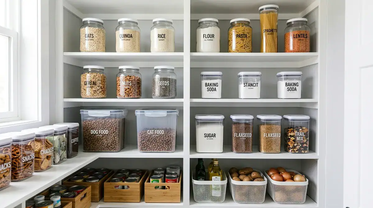 Glass and heavy plastic food storage containers protecting pantry items from rodent gnawing