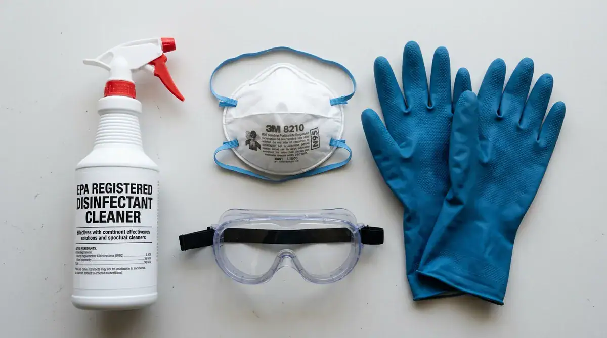 Nitrile gloves, disinfectant solution, and paper towels for safe wet cleanup of rodent droppings