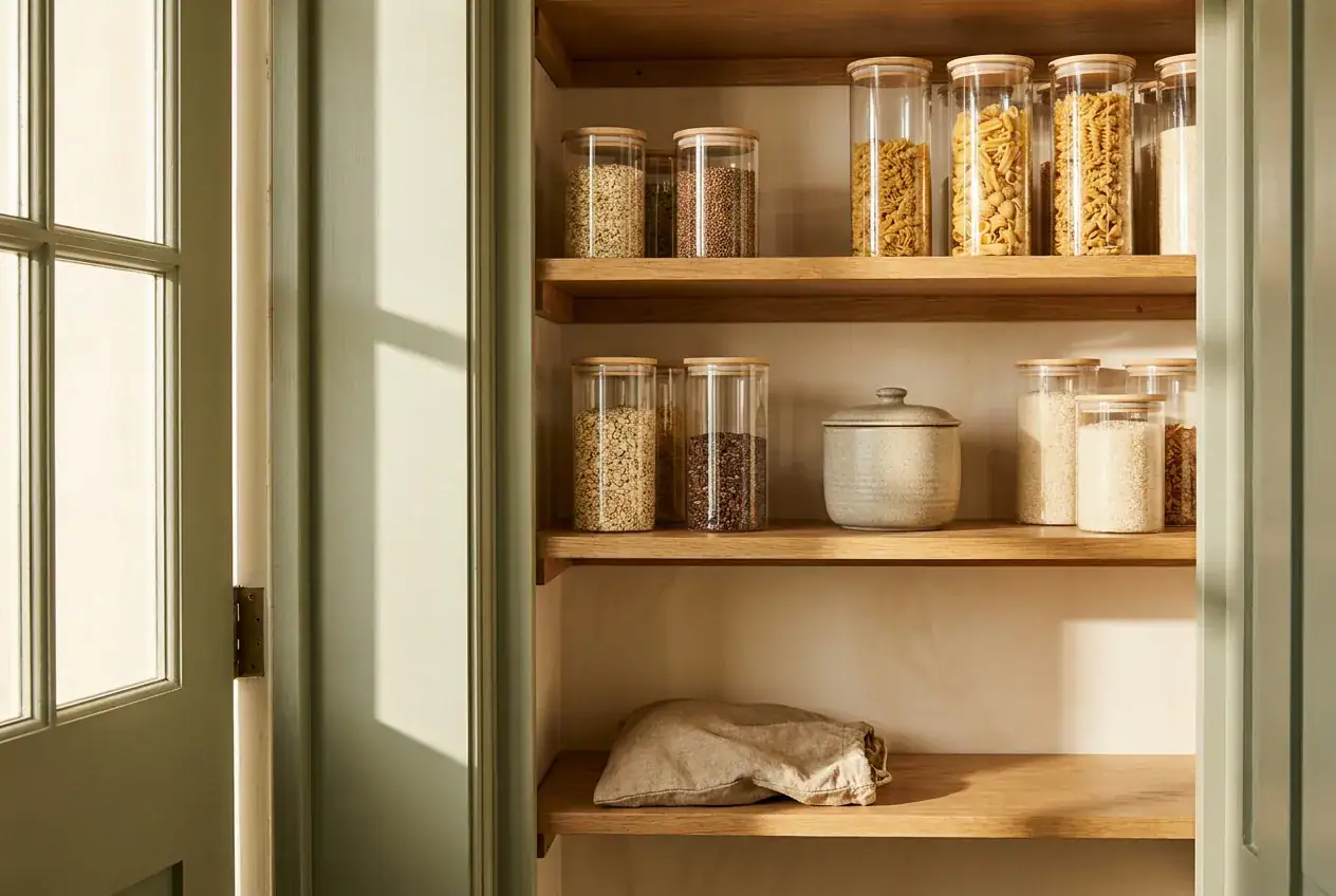 Closed food storage jars in a pantry