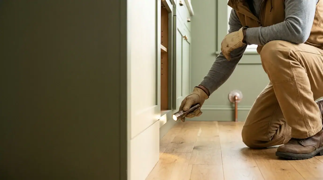 Illustration of a gloved person inspecting an accessible kitchen cabinet edge with a flashlight